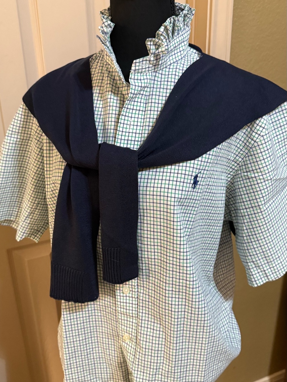 Upcycled Ralph Lauren Green & Navy Plaid Short-Sleeve Button-Down Shirt